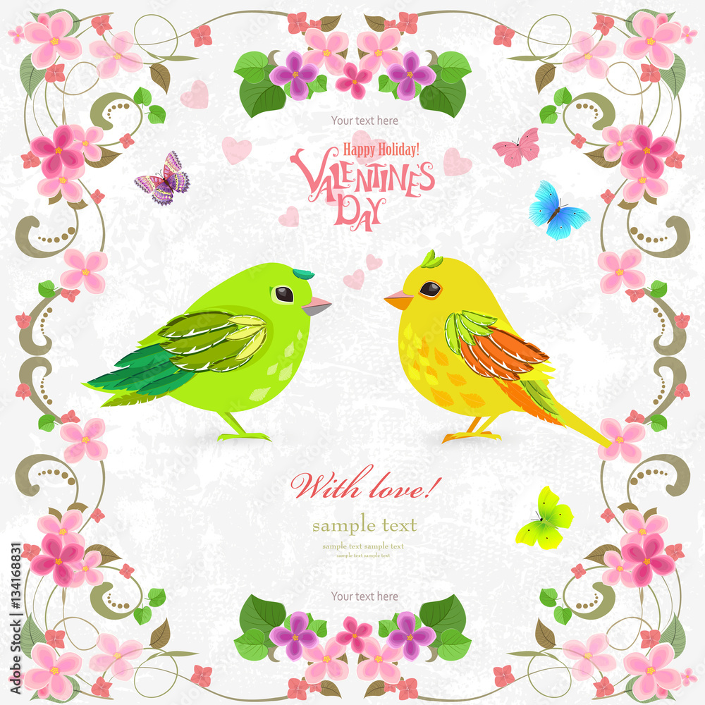 retro decoration card with couple of cute birds for your design