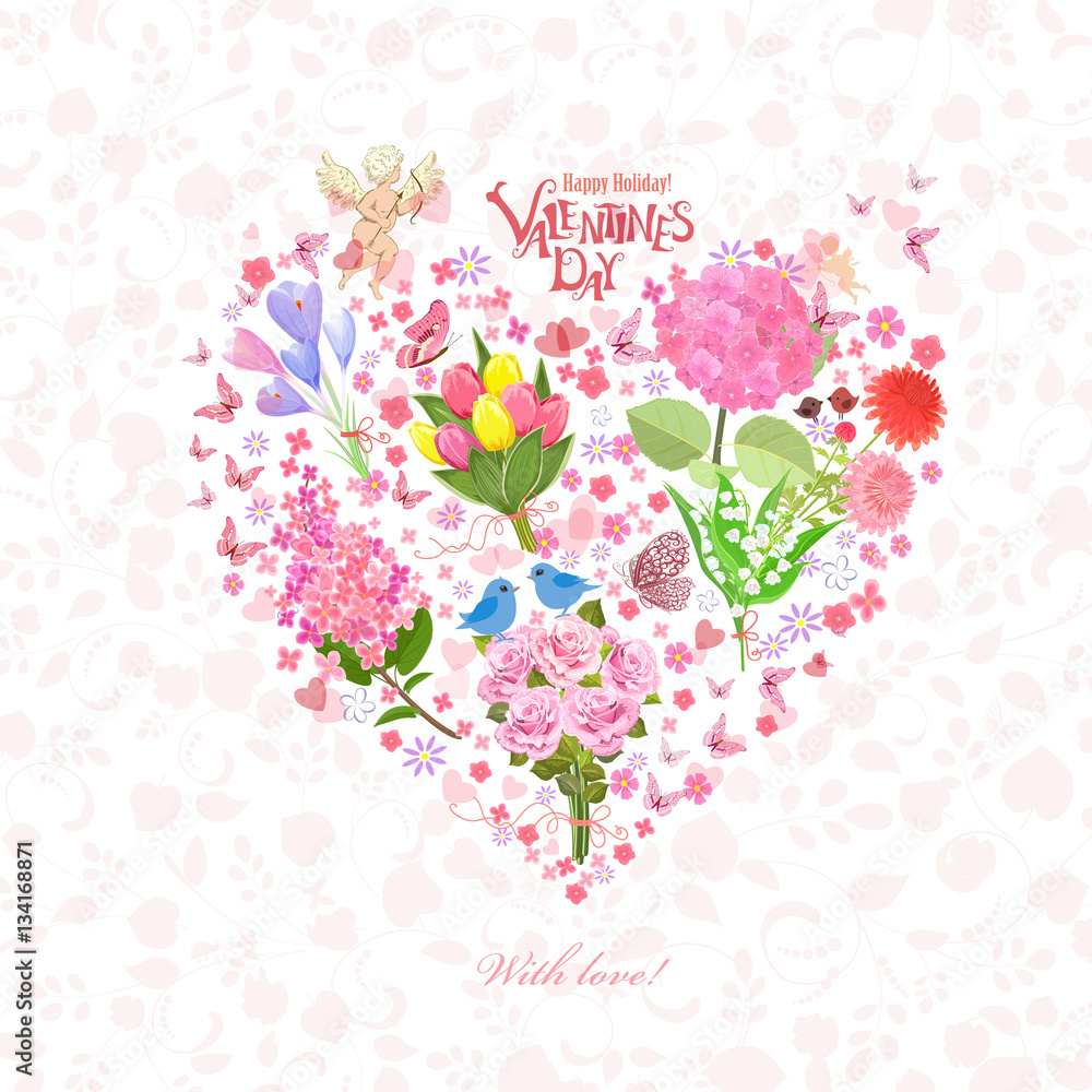 romantic floral heart with cupid for your design
