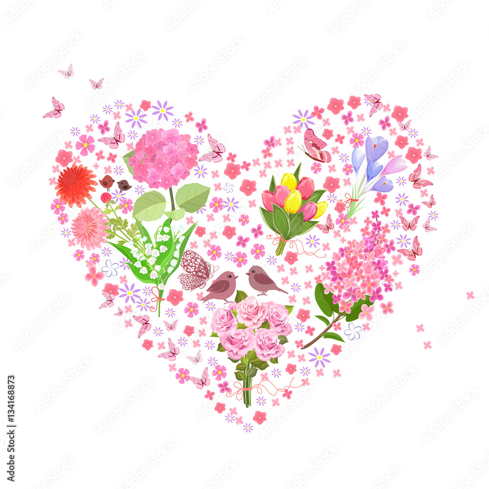 romantic floral heart from bouquets of spring flowers with coupl