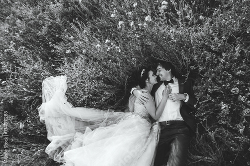 Wedding couple happy laughing and lying in the grass and flowers