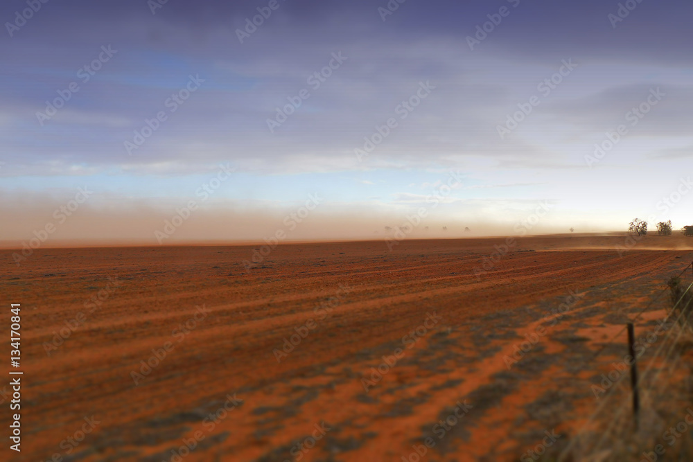 Dust storm in outback Australia on rural farm with crops in paddock in Mallee Dust storm in outback Australia on rural farm with crops in paddock in Mallee