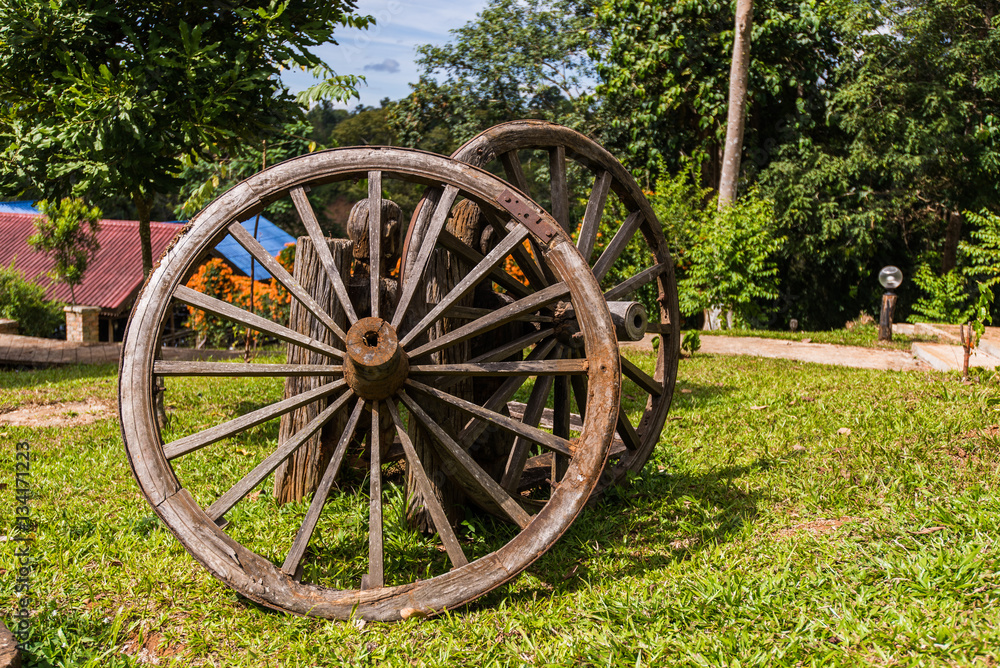 Old fort Bluff Wagon wooden Wheel as decoration at garden
