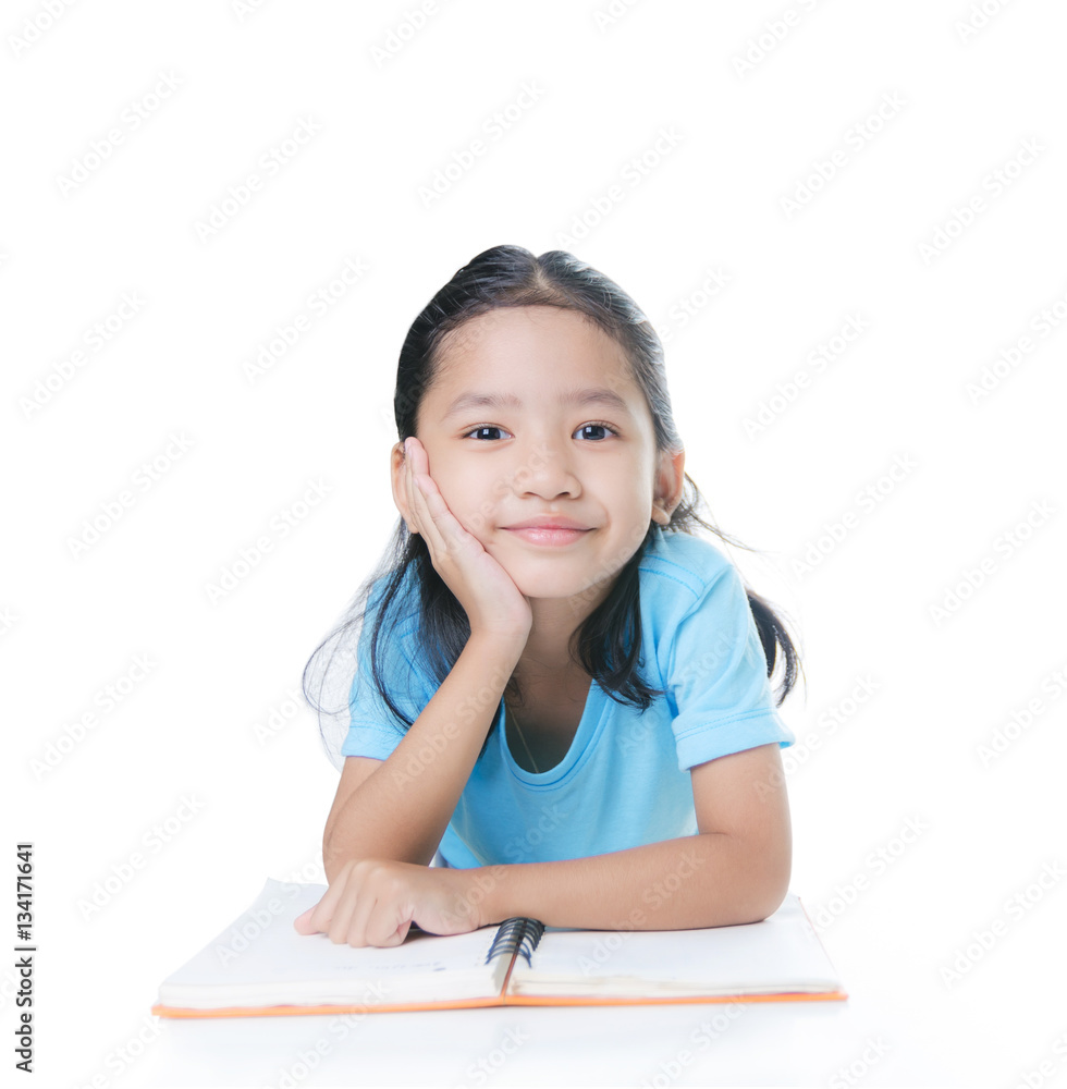 Close up shot portrait of smile Asian little girl sitting chin w Close up shot portrait of smile Asian little girl sitting chin w