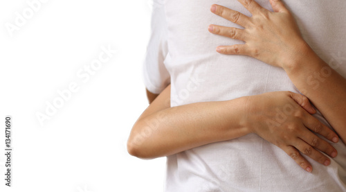 a woman hugging a man on white background