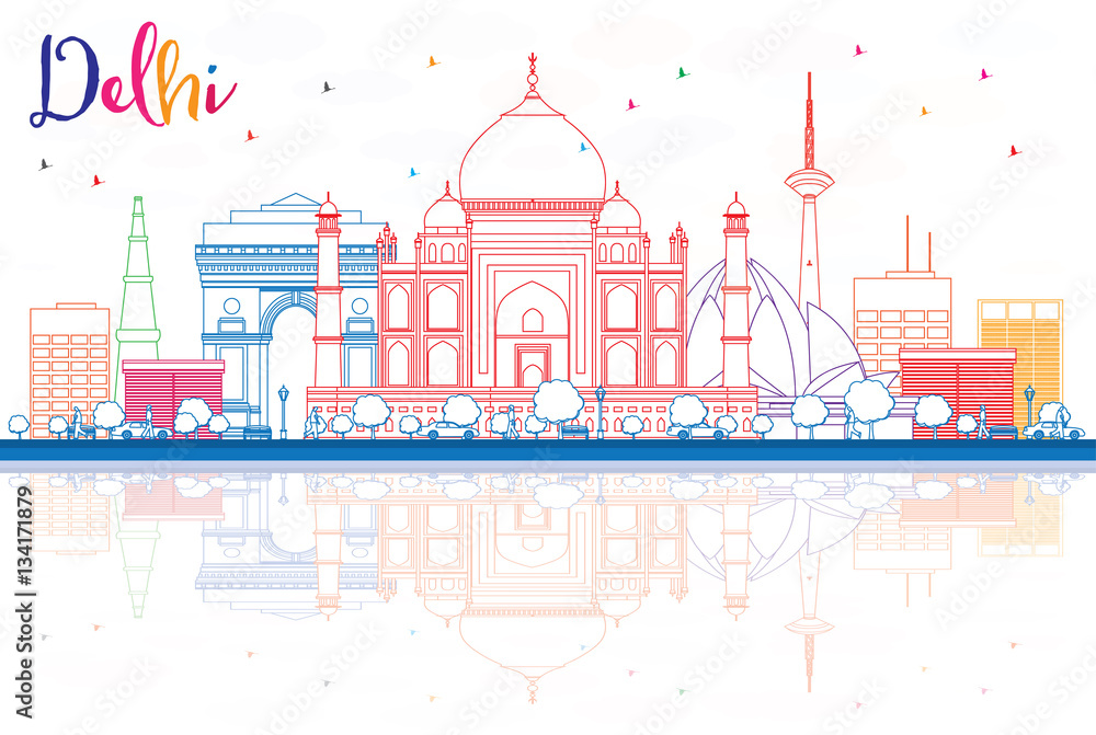 Naklejka premium Outline Delhi Skyline with Color Buildings and Reflections.