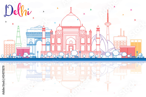 Outline Delhi Skyline with Color Buildings and Reflections.