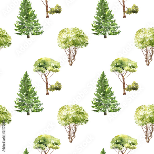 seamless pattern with trees drawing by watercolor