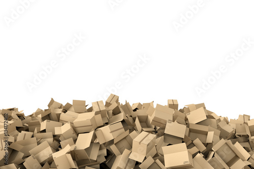 Rendering frame made of light beige open cardboard mail boxes lying at the bottom on white background.