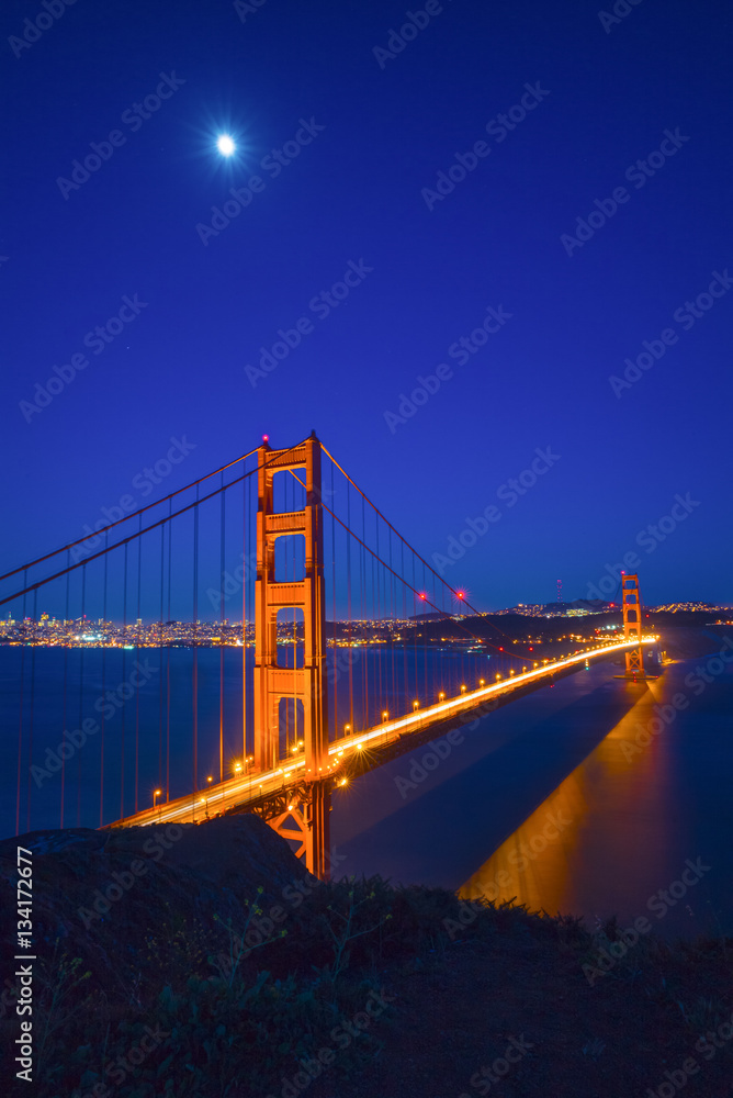 Moon Rising over the Golden Gate Bridge, San Francisco at night, USA