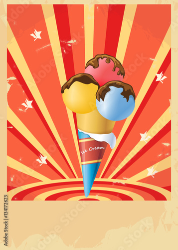 Retro poster ice cream in a waffle cup