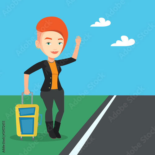 Young woman hitchhiking vector illustration.