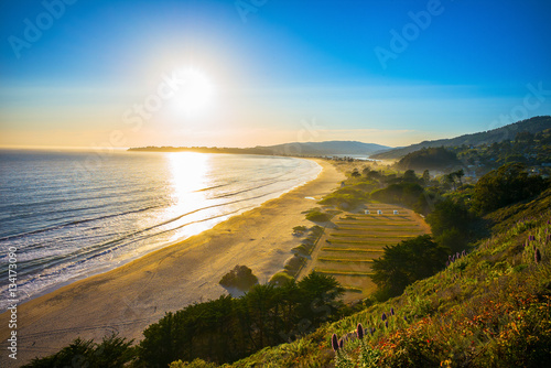 Sunset over Stinson Beach just north of San Francisco, California, USA.  Spring flowers in the foreground. photo
