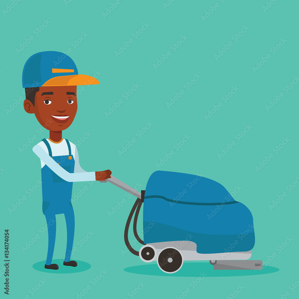 Male worker cleaning store floor with machine. Male worker cleaning store floor with machine.