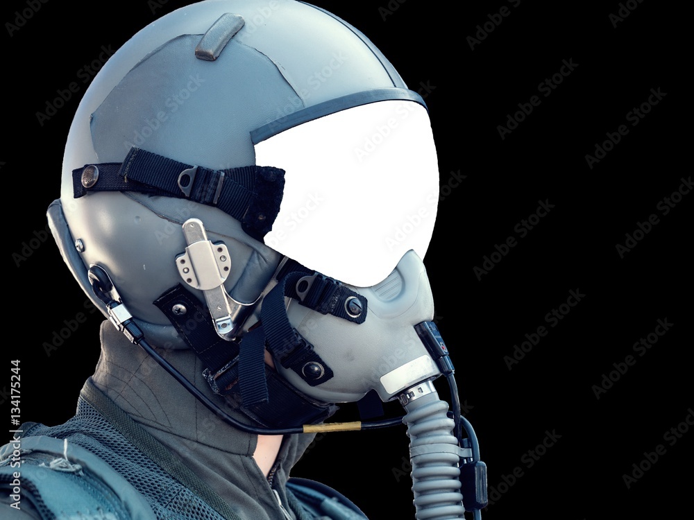 Pilot Wearing Mask And Helmet on black background with copy space
