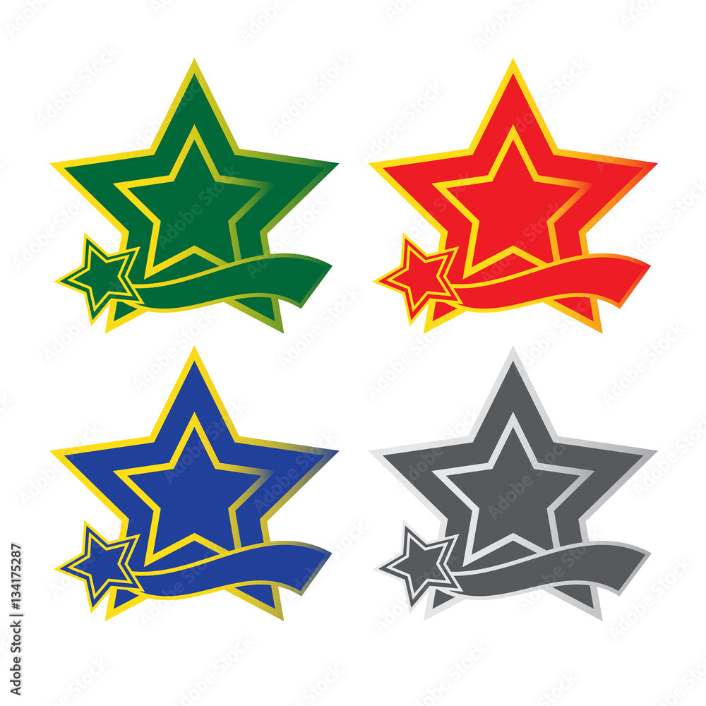 Fototapeta premium Set of gradient color stars with ribbons and star. Vector badge.