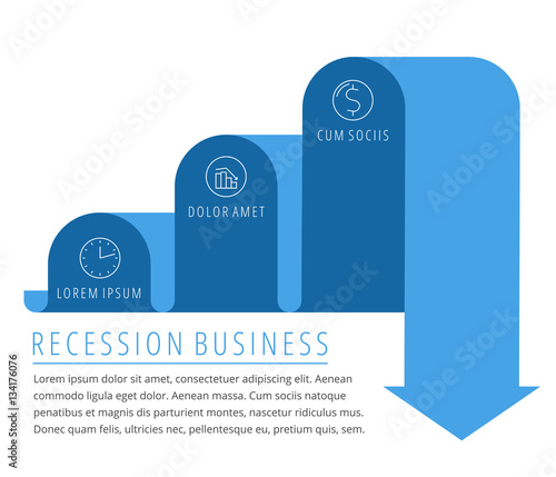 Steps of recession, decrease business concept. Blue arrow depict decline business. Flat illustration of downward arrow. Vector template element for infographic, web, presentation, social networks.