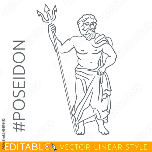 Poseidon. God of the sea, rivers, floods, droughts, and earthquakes. Series Greek gods. Editable line drawing. Stock vector illustration.