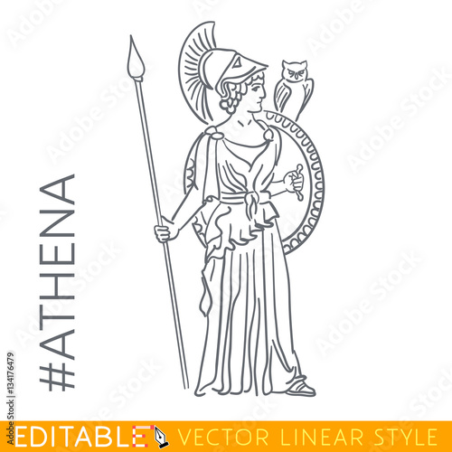Athena. Goddess of reason, wisdom, intelligence, skill, peace, warfare, battle strategy, and handicrafts. Series Greek gods. Editable line drawing. Stock vector illustration. photo