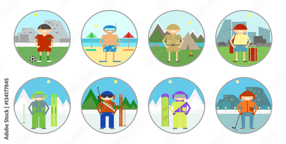 Set stickers, badges. Tourism and leisure, summer and winter kinds of sport on holiday. Vector sign, icon