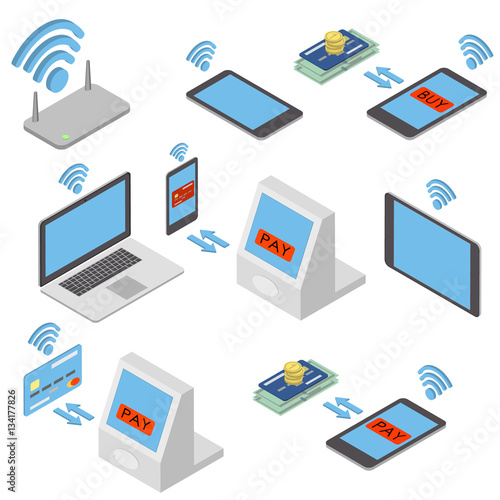 Wireless technologies. The concept of different wireless mobile devices, purchase, sale at internet. Isometric vector illustration