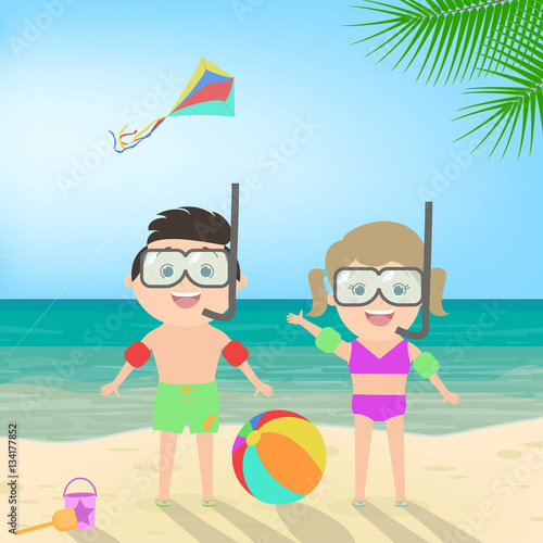 Summer beach holiday. Boy and girl in scuba mask at the beach. Diving. Sea landscape, vector cartoon