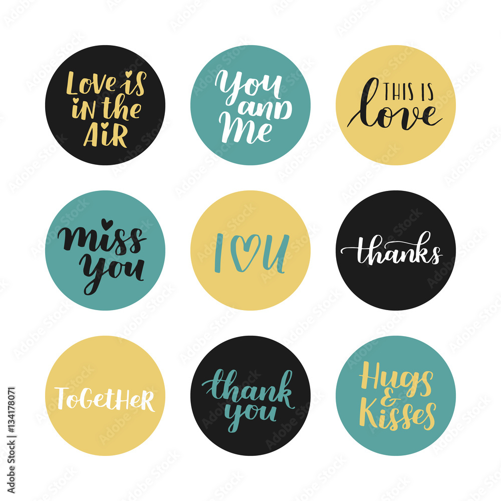 Fototapeta premium Valentines holiday vector set - turquoise, black and gold design elements and hand written lettering for your design. Romantic sticker collection with love quotes.