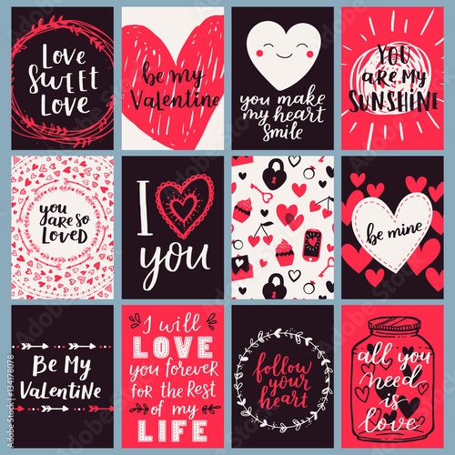 Vector card set for valentines day. Black, red and white poster collection with hand written brush lettering. Romantic collection for your design.