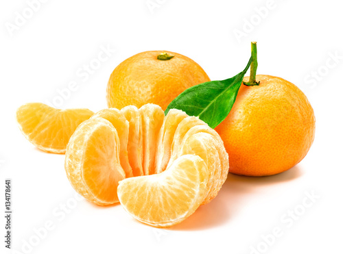 Isolated tangerine or clementine fruit on white background. Macro. Slice of mandarin.