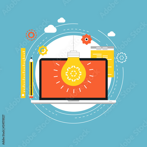 Web design flat vector illustration. Web design development, content management, logo design, graphic design, freelance work, brainstorming, creativity and portfolio concept for web banners and apps