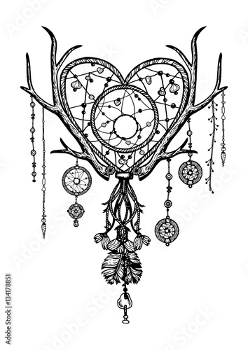 Doodle monochrome ornate heart dreamcatcher