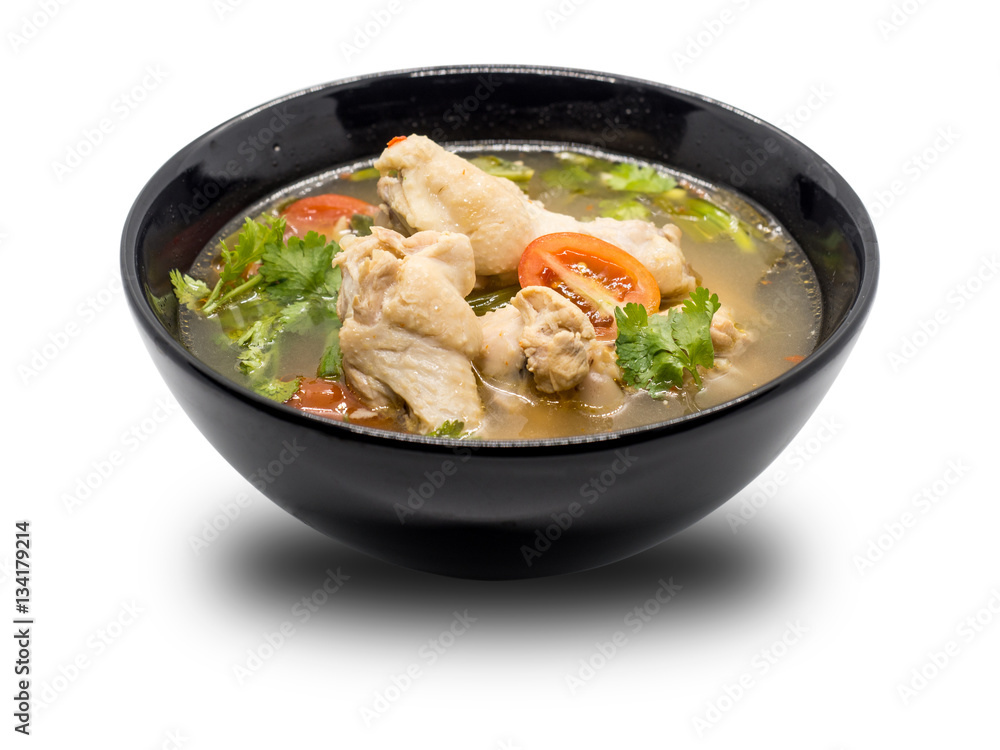 Hot and spicy chicken soup in black bowl on white background, Th