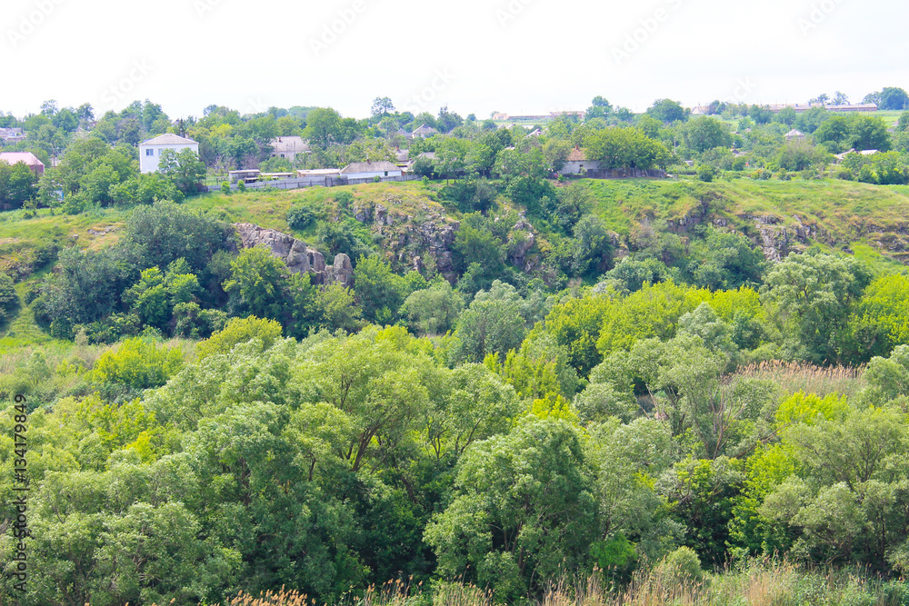Summer landscape with trees, hills and rocks Summer landscape with trees, hills and rocks