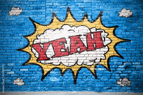 Obraz Tak, komiczne graffiti na ścianie z cegły