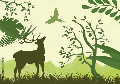 Deer in forest green vector silhouettes