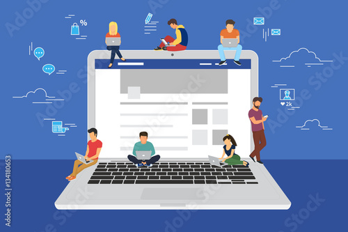 Social network web site surfing concept illustration of young people using mobile gadgets such as smarthone, tablet and laptop to be a part of online community. Flat guys and women on big notebook
