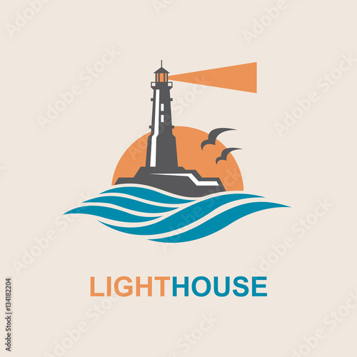 lighthouse icon design with ocean waves and seagulls