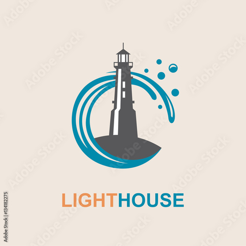 lighthouse icon design with ocean waves and seagulls