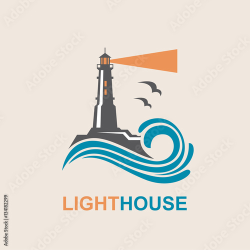 lighthouse icon design with ocean waves and seagulls