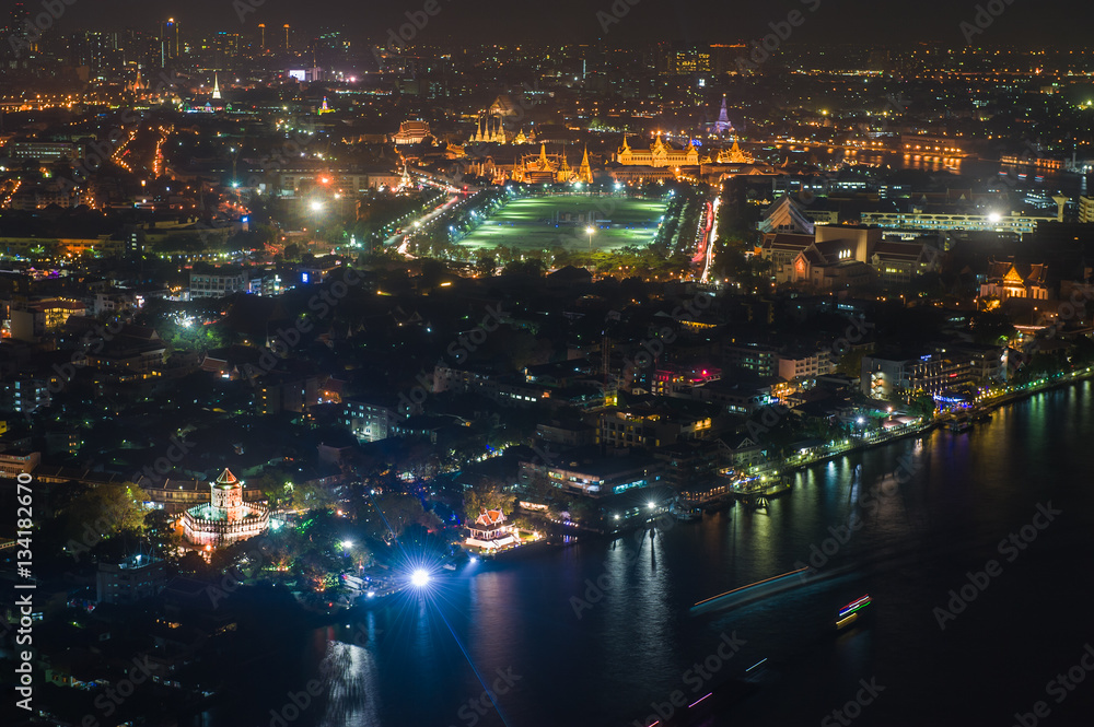 Aerial view of City skyline in Bangkok, The Royal palace and Emerald Buddha temple. Thailand tourist attraction.