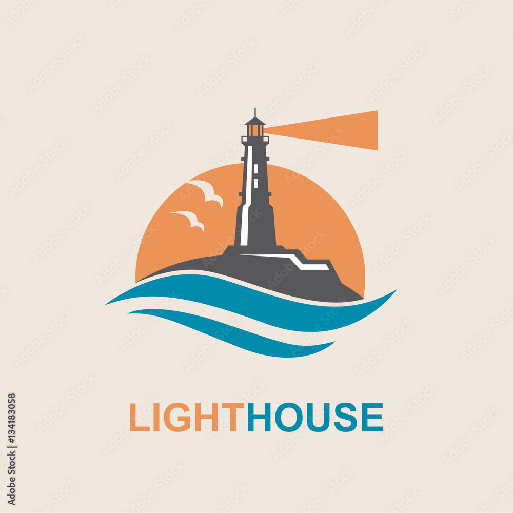 Naklejka premium lighthouse icon design with ocean waves and seagulls