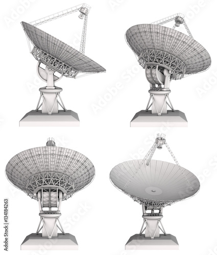 Radio telescope 3d image set. Isolated on white