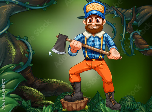 Lumber jack chopping wood in the forest