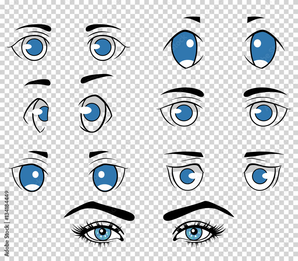 Set of different human and anime eyes, cartoon girl face elements. Vector illustration Set of different human and anime eyes, cartoon girl face elements. Vector illustration