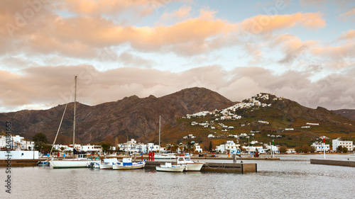 Port in Livadi village and view of Chora on Serifos island. © milangonda