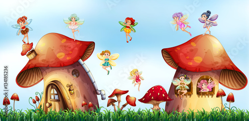 Scene with fairies flying around mushroom houses