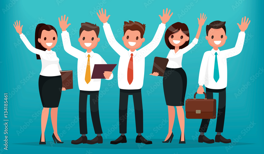 Team of business people with their hands up. Successful group of Team of business people with their hands up. Successful group of