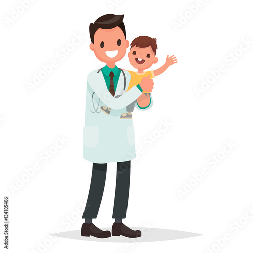 Pediatrician man holds  a healthy cheerful baby. Vector illustra