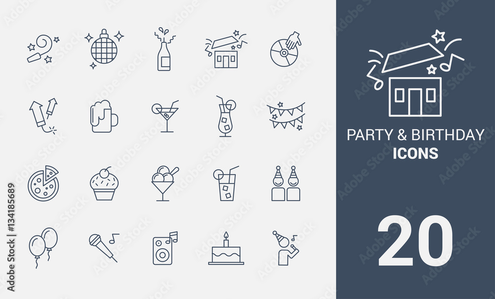 party and birthday line icons set
