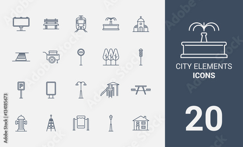city elements line icons set