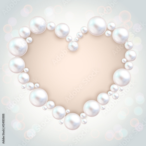 Pearl beads wedding invitation frame on grey background. Jewellery bracelet, necklace . Wedding invitation white pearls vector background.